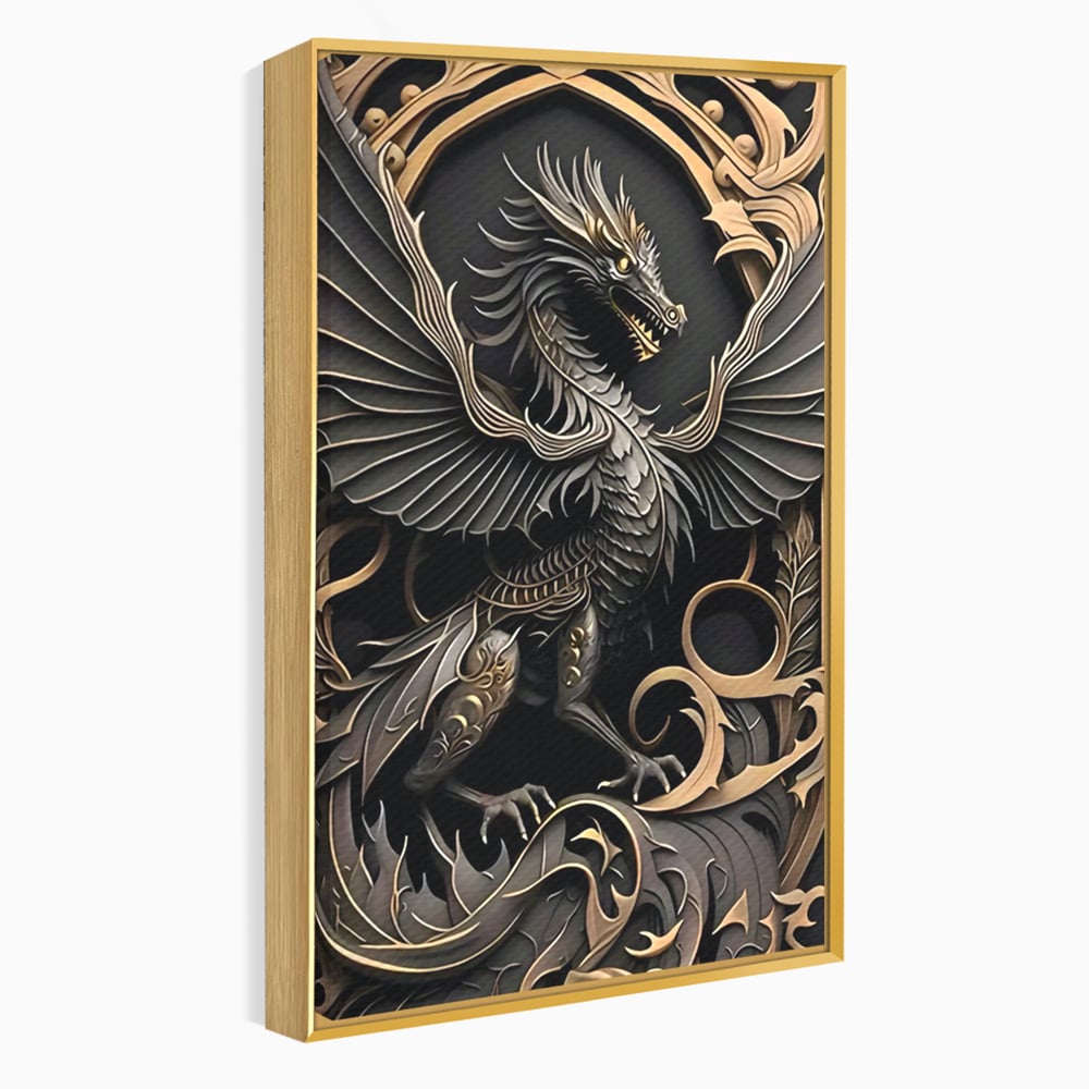 Tablou canvas cu ilustratie digitala cu dragon mitic, in rama de aluminiu auriu